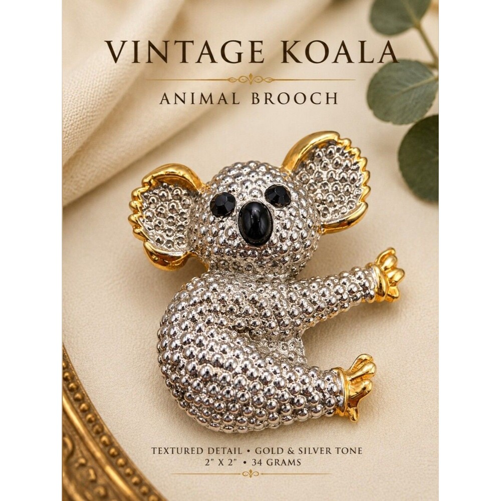 Vintage Koala Bear Brooch Gold Silver Tone Textured Animal Statement Pin